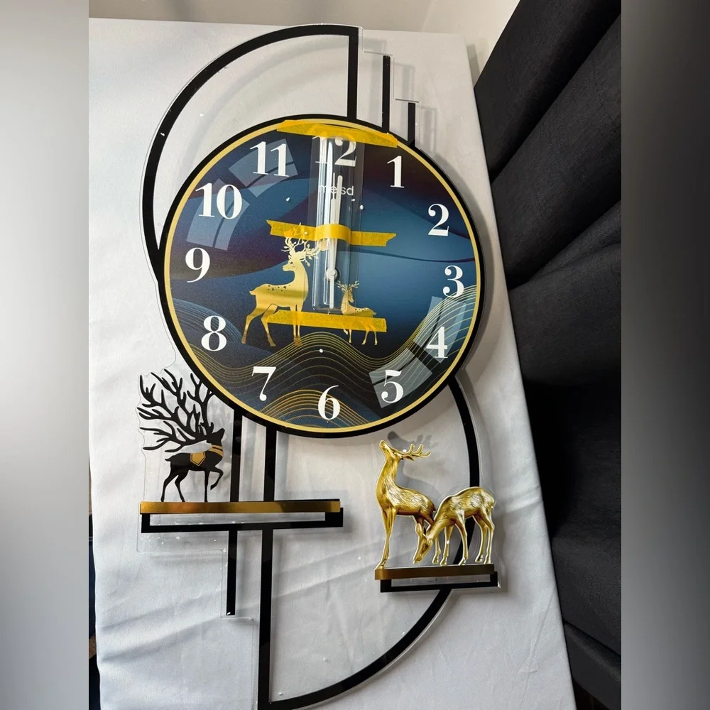 Gold & Blue Pendulums Wall Clock W/Rustic Deer Accents 29 in x 15 in- NIB